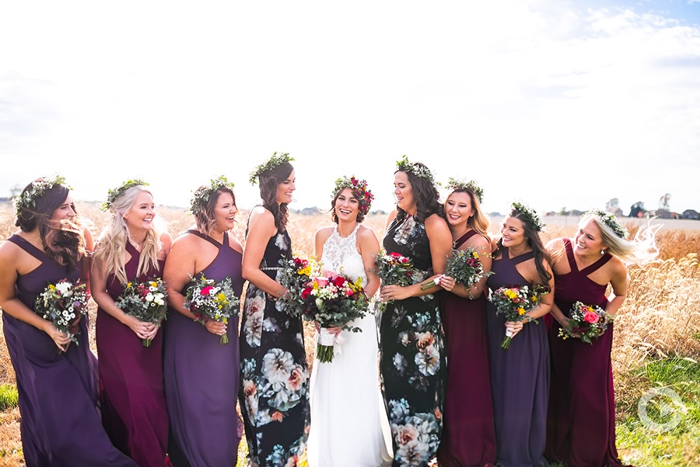 bridesmaids in print and purple