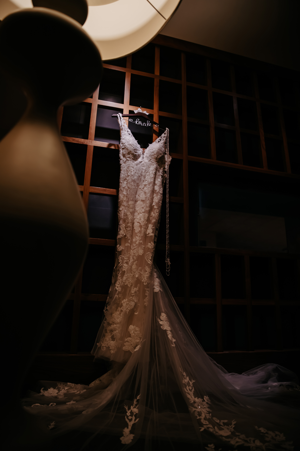 Wedding dress hanging moody wedding photo shot by Carmen with Complete Weddings + Events