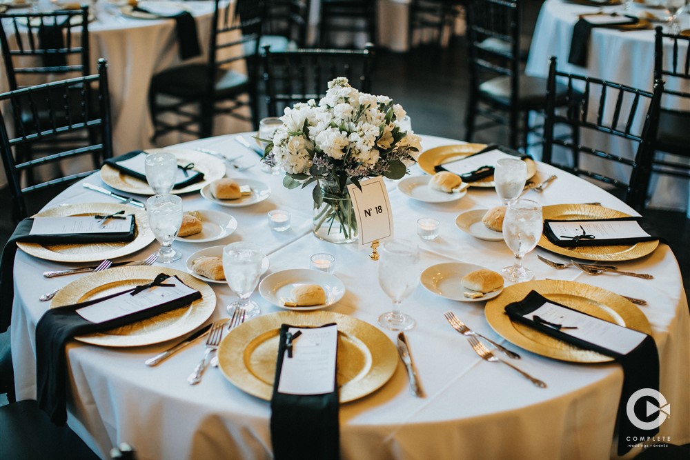 black white and gold Leo Ballroom wedding decor Vanessa with Complete Weddings + Events Omaha wedding photographer