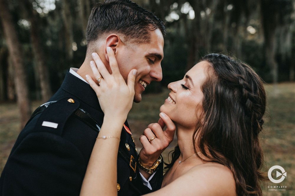 Bride and groom look at each other before kissing beautiful wedding moment