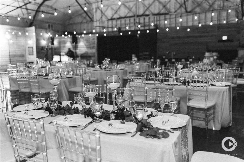 Wedding reception in Downtown Orlando detail photo of the reception hall in black and white