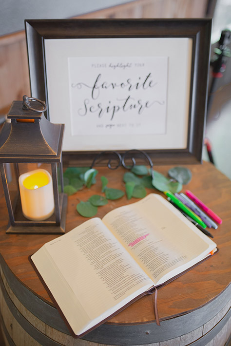 Couple uses a bible to have guests highlight favorite verses in place of a guest book