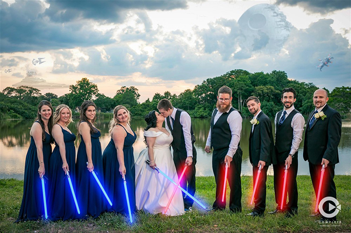 Star Wars wedding party photo with light sabers in Orlando, FL