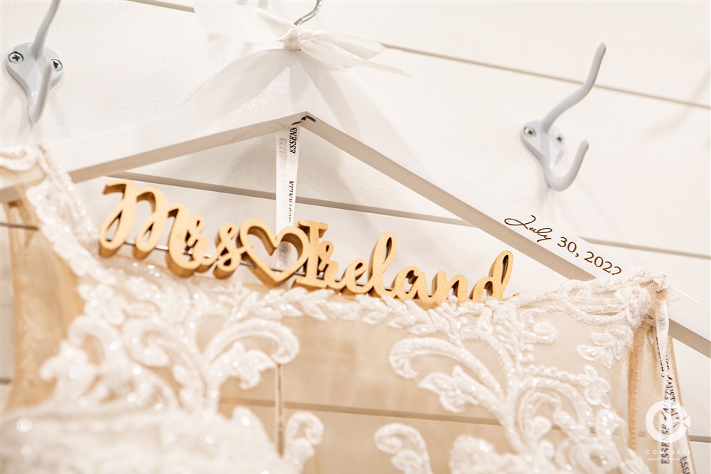 Ireland wedding dress with custom wording on hanger