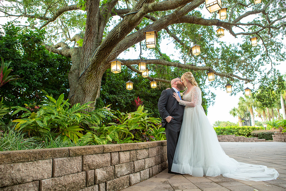 A wedding couple under lights and beautiful tree while sun goes down