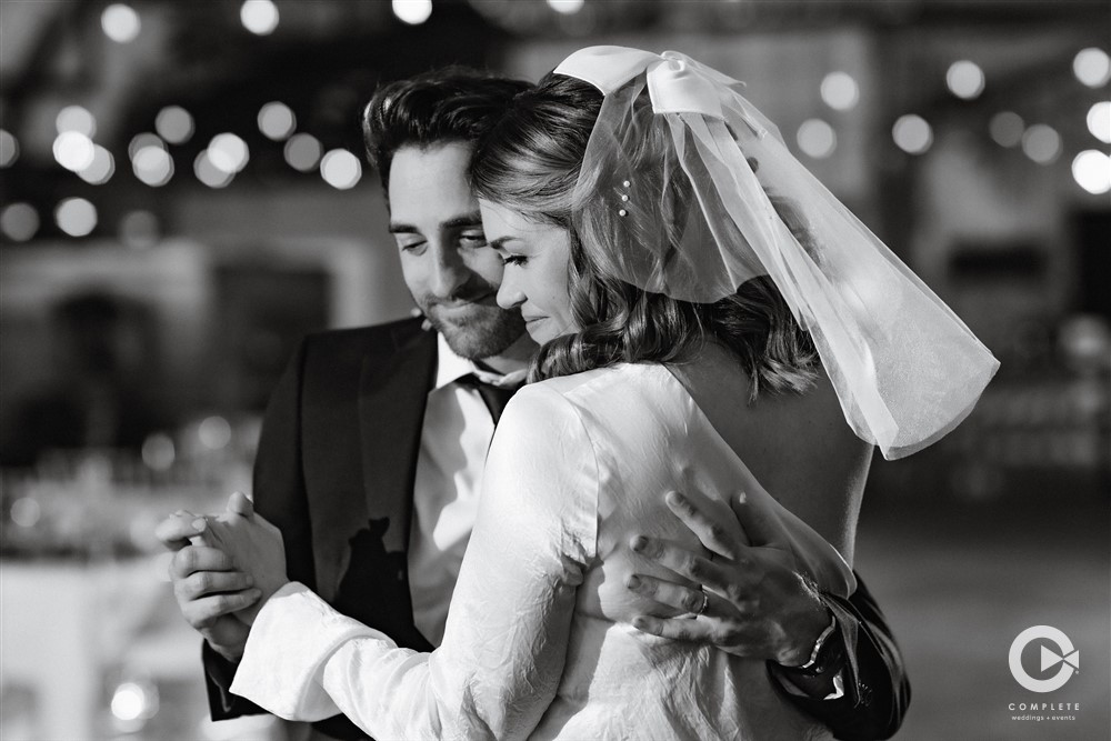 Bride and groom Downtown Orlando wedding dance black and white photo