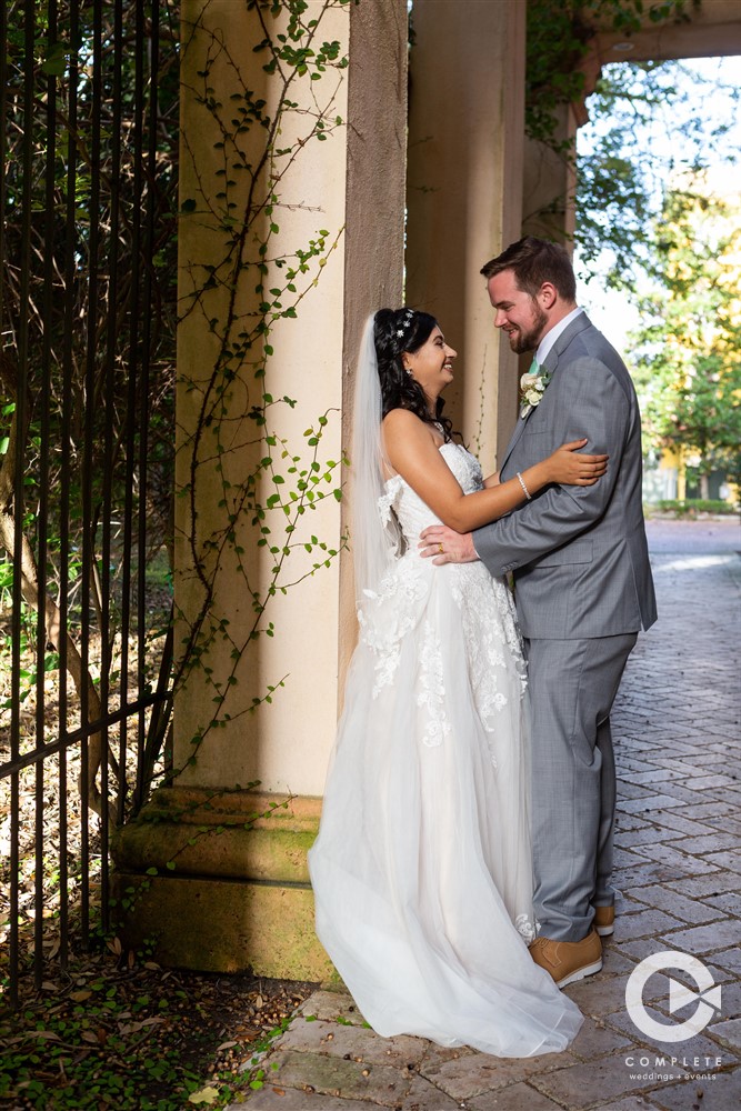 Bride and groom outside of their wedding venue during their Orlando wedding reception