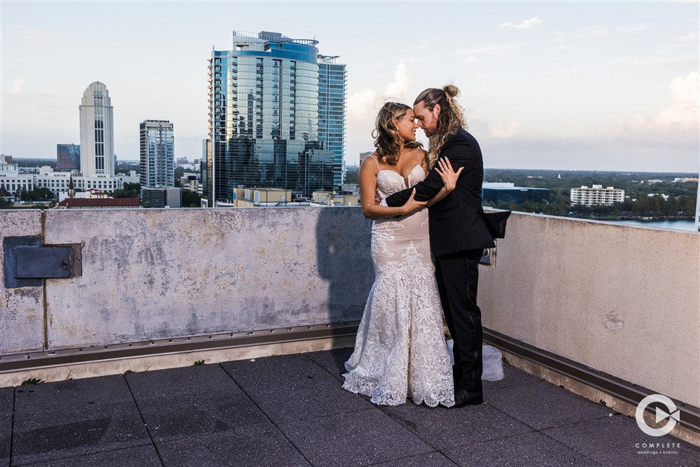 Bride and groom on a rooftop in Downtown Orlando venue at The Balcony
