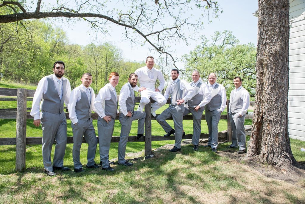 Groomsmen with Groom on the Fence at the Mayowood Stone Barn in Rochester, MN