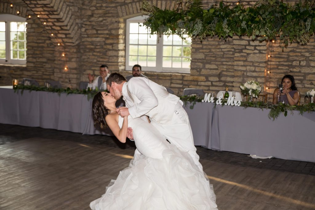 Dipping and Kissing First Dance Done Right at the Mayowood Stone Barn in Rochester, MN