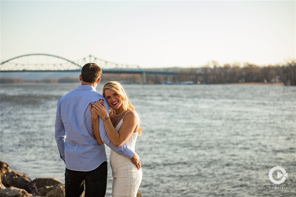 Bride and groom engagement photo by a Rochester, MN lake Brittany + Shea's Med City Engagement Session