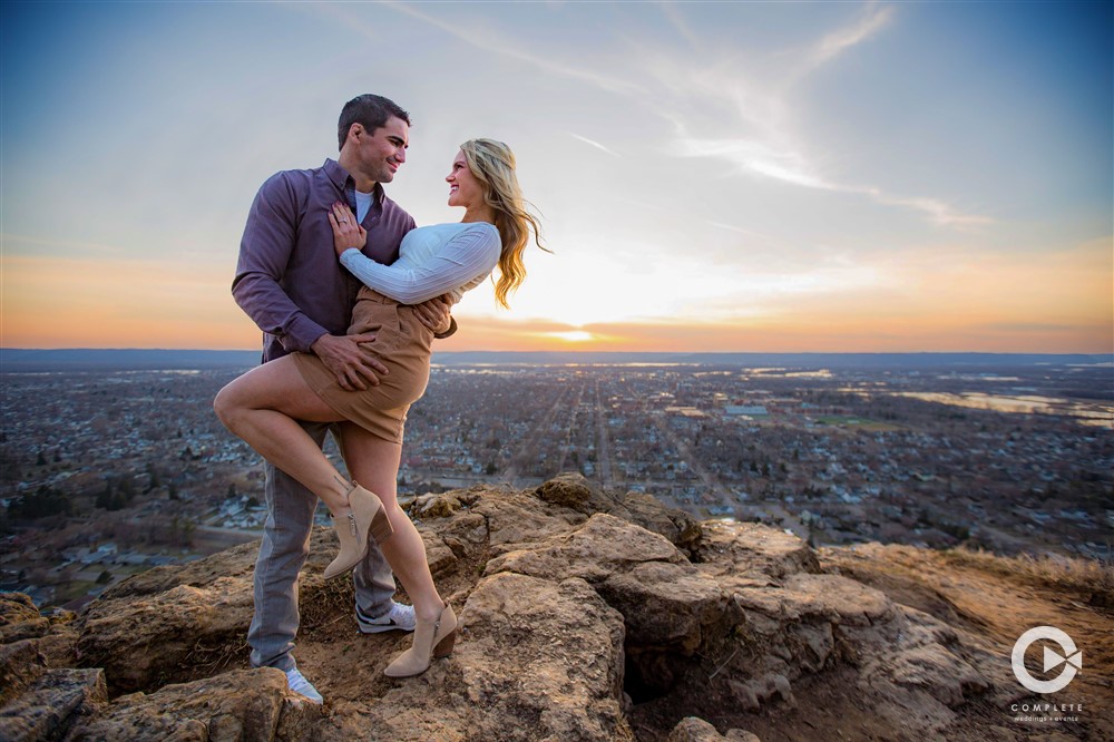 Beautiful engagement photo showing off Medcity view
