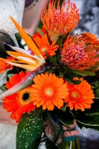 Le Jardin, orange bouquet, birds of paradise