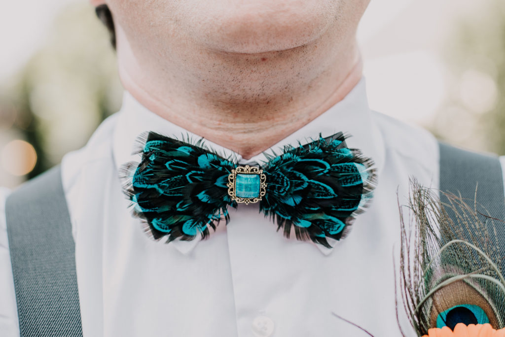 feather teal bow tie