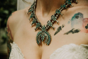 Le Jardin, tattooed bride, chunky jewelry, turquoise jewelry, bridal jewelry,