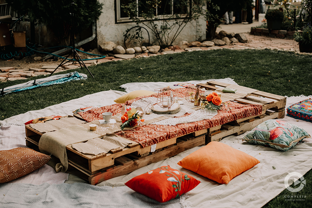 wedding blanket and pillow seating