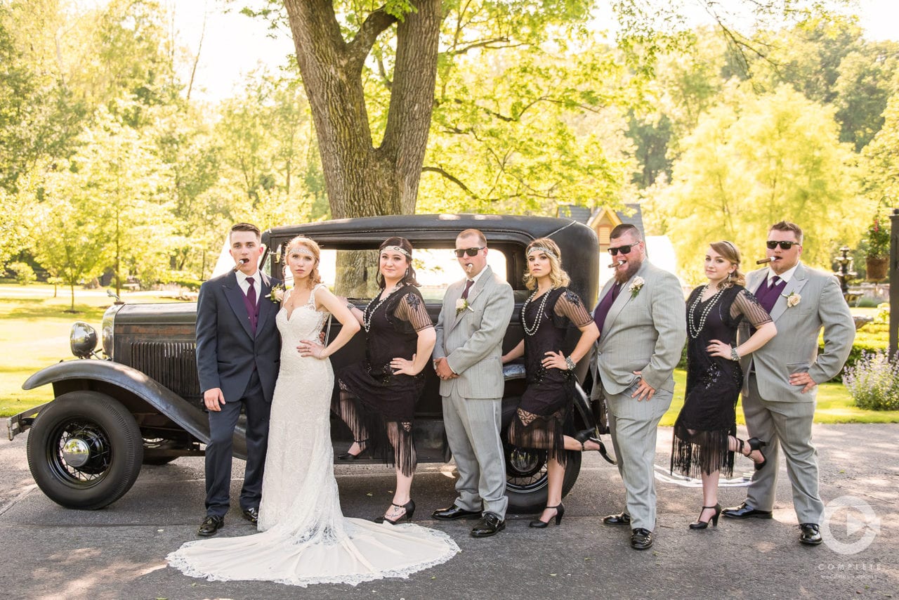 1920 wedding party with classic car