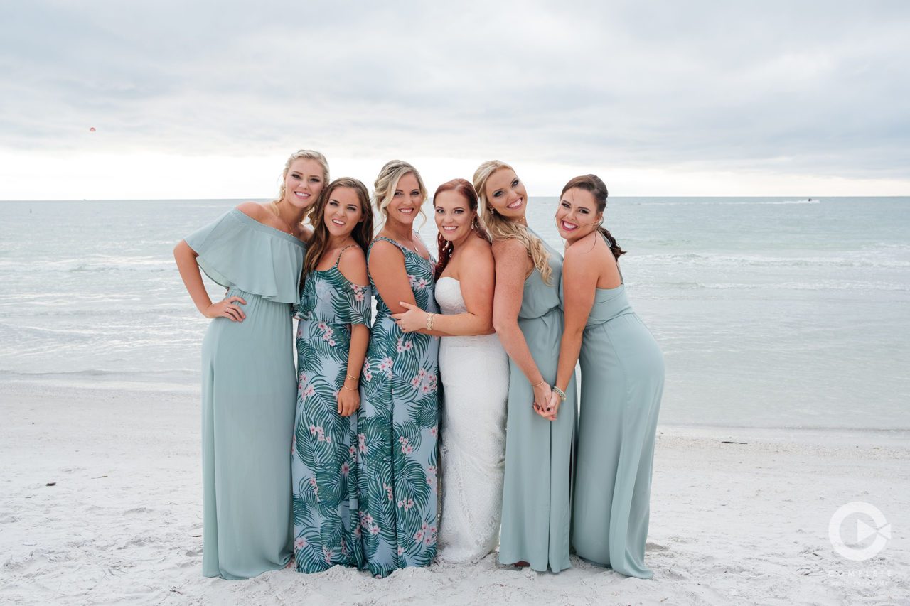 bridesmaids in printed dresses