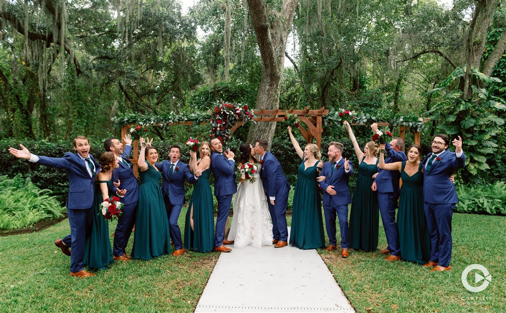 Newlywed Bride and Groom first kiss at Bakers ranch wedding venue near Sarasota