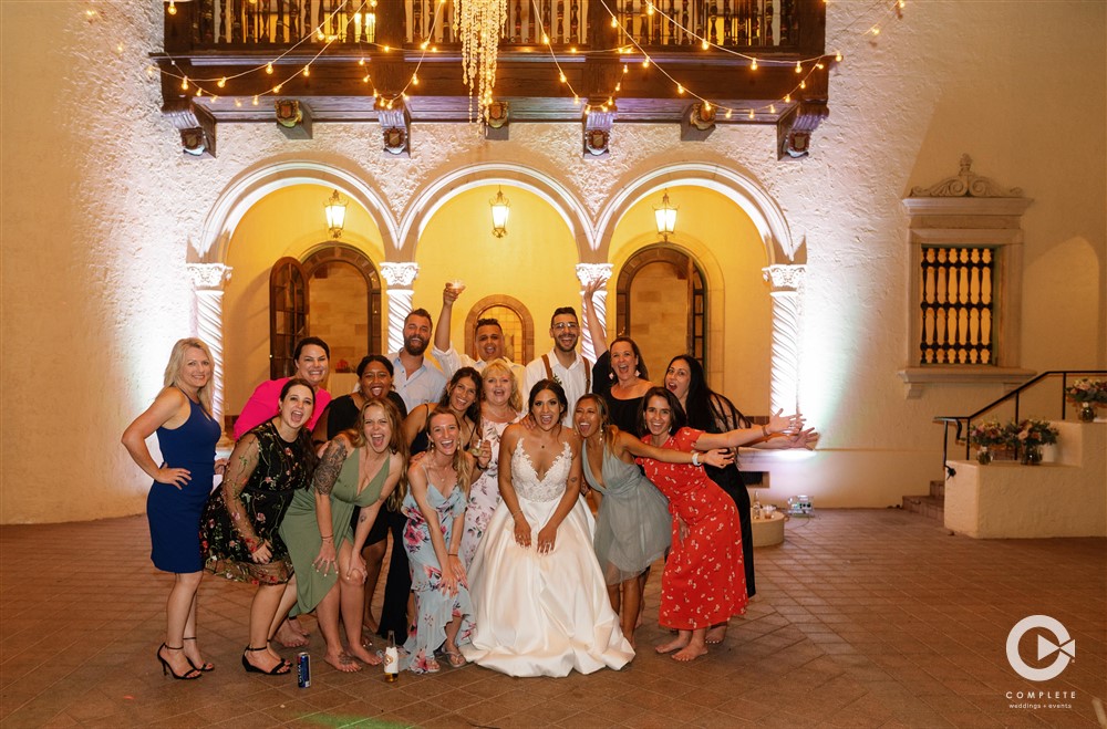 Bridal Party posing at Night at Powell Crosley Estate