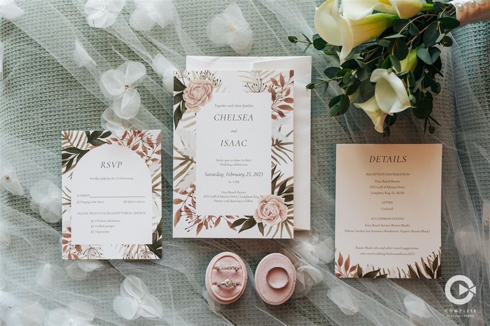 Detail shot of wedding rings and invitation