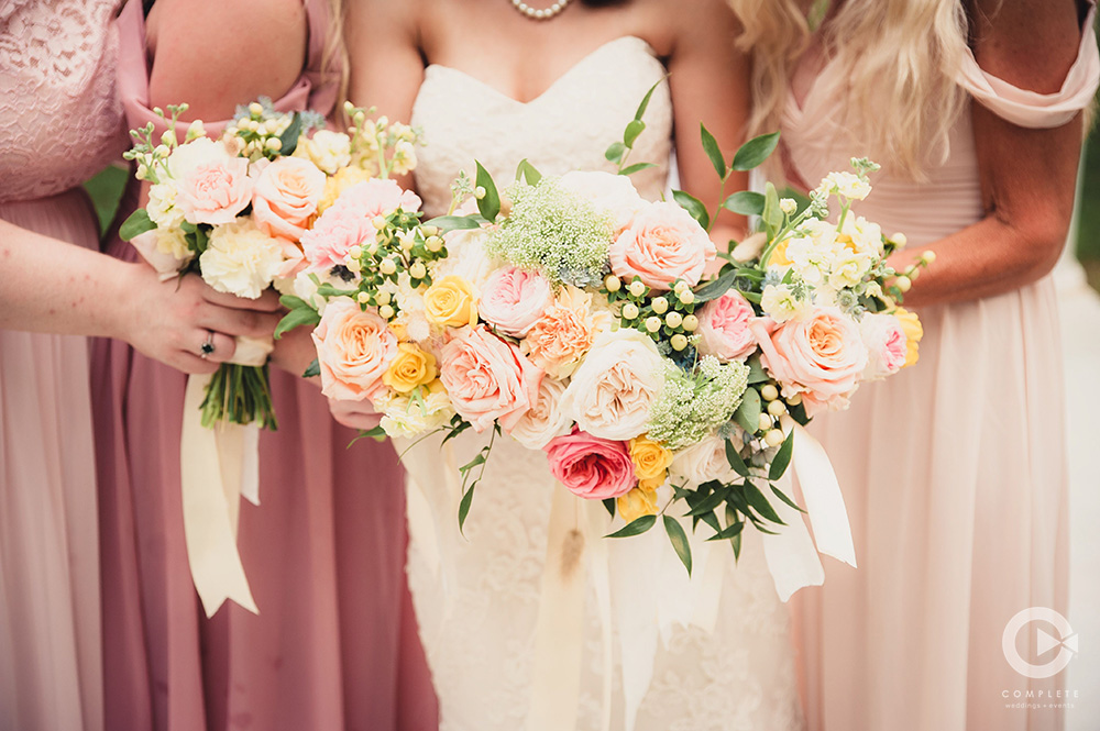 pale pinks and yellow in bouquets