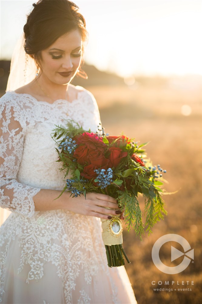 Sunset Bridal Portrait with Delilah and Evergreen Bouquet