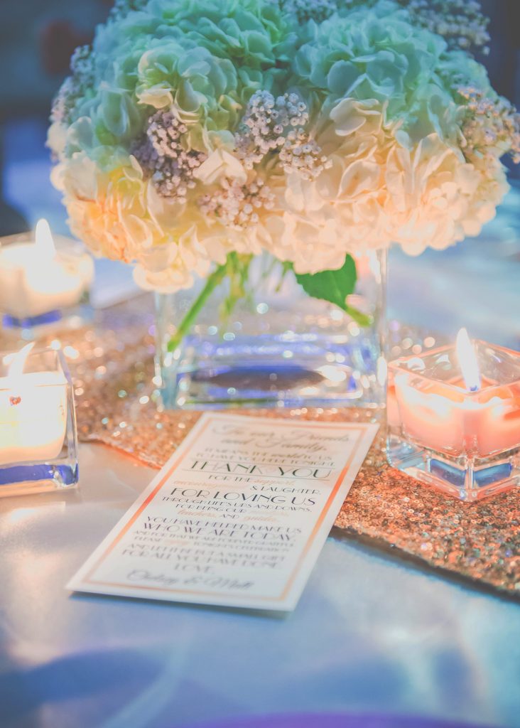 Table Menu and Vase with White Hydrangeas