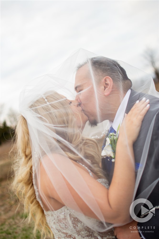 Bride and Groom Kissing with Veil Over Head