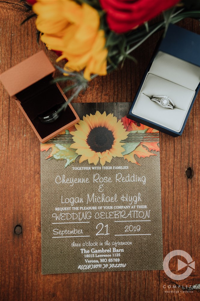 bouquet and rings for wedding with invitation