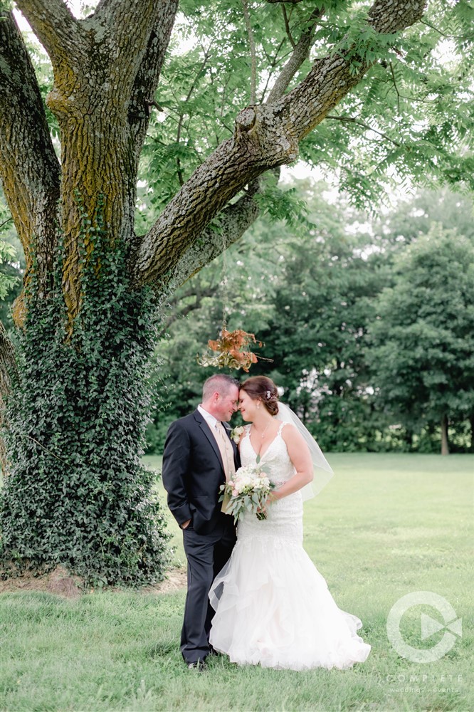 bride and groom loving head bump under tree