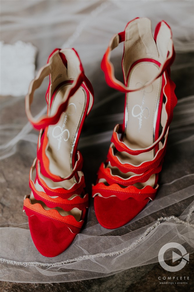 bride's red shoes focus shot