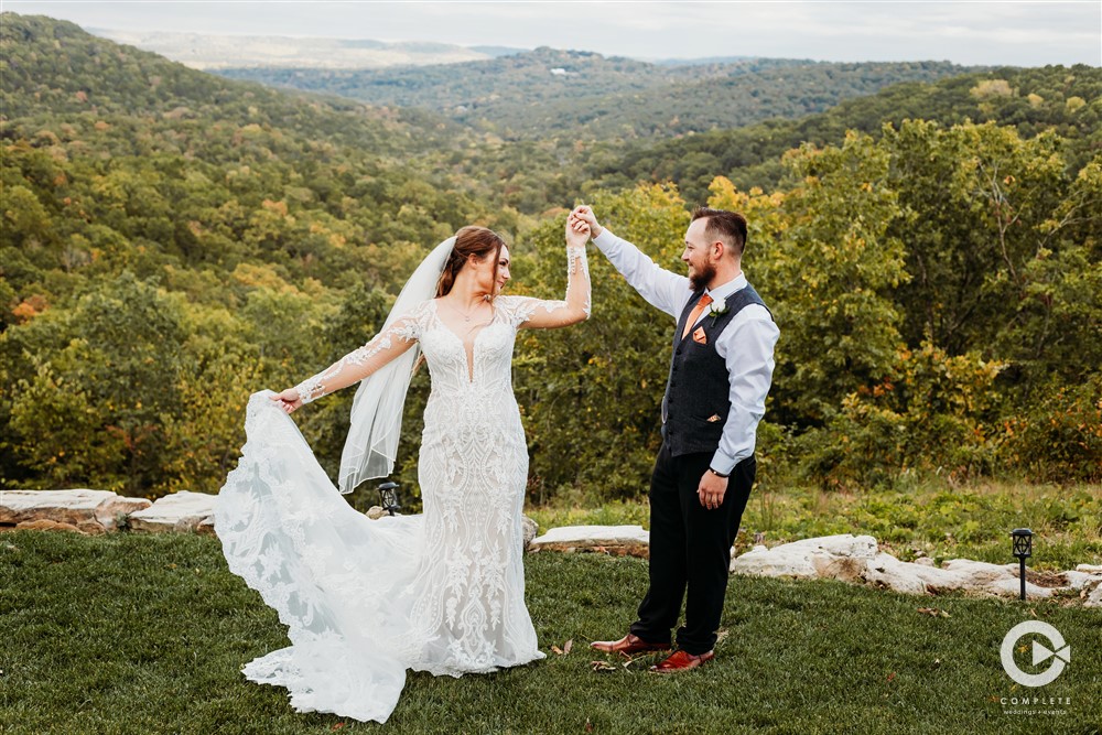 Bride and Groom overlooking Ozark Mountains