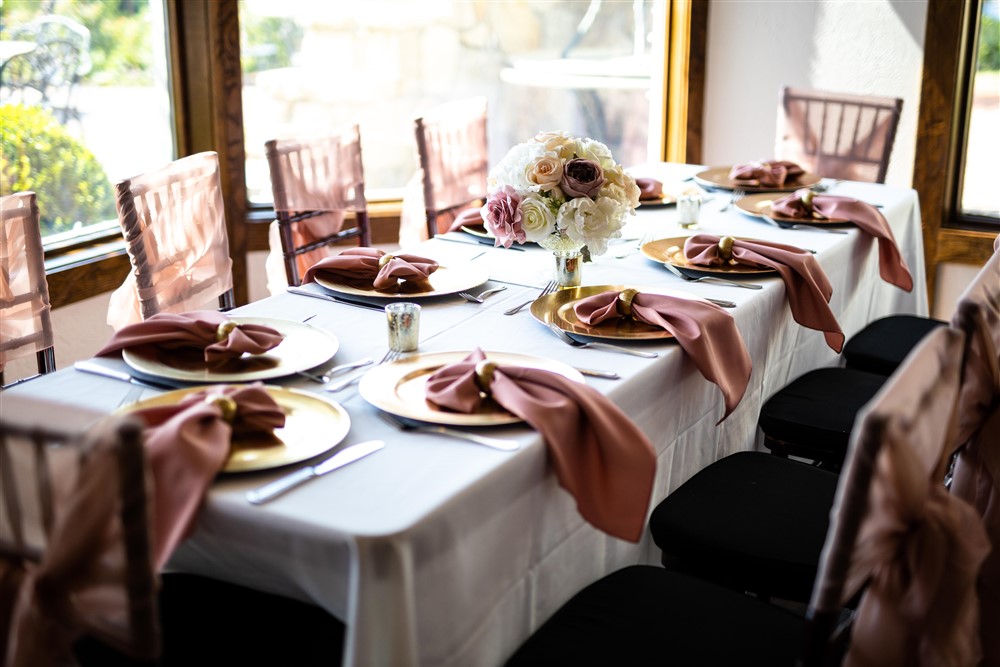 Blush, white and Gold table design for wedding reception at Big Cedar