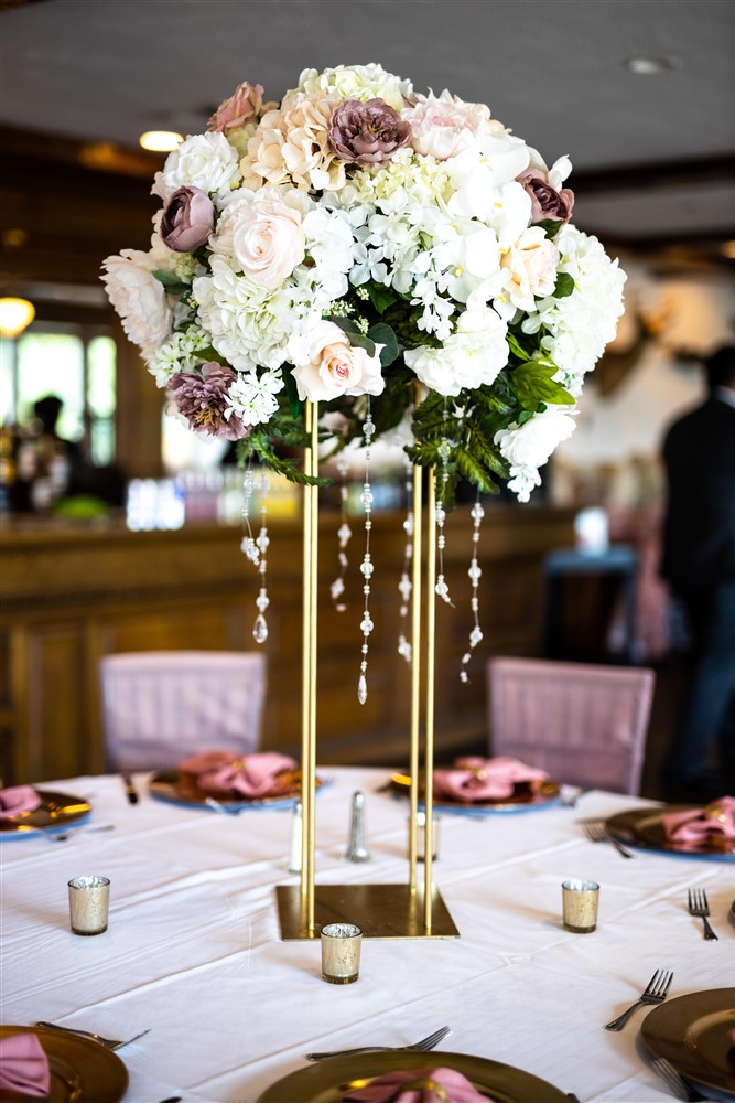 Blush, white and Gold table design for wedding reception at Big Cedar