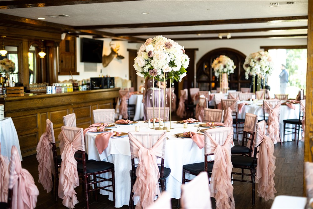 Blush, white and Gold table design for wedding reception at Big Cedar