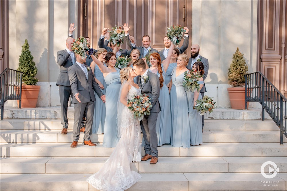 Wedding Party posing outside Church fall wedding, Fox Run, Bride, Groom