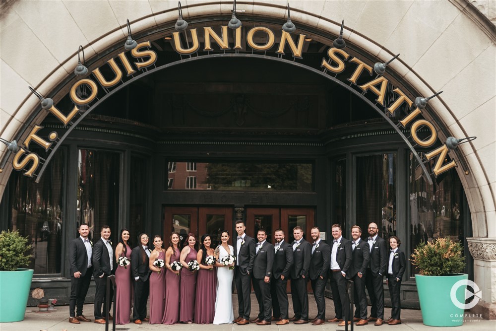 Union station wedding photo in St. Louis wedding bridal party