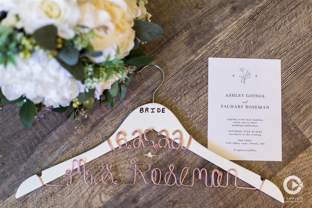 Complete Weddings + Events Photography, Flat Lay, Wedding invitation with custom hanger
