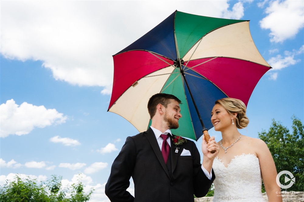 Bride & groom with umbrella