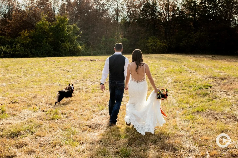 Complete Weddings + Events Photography, Bride and Groom walking, bride and groom with their dog