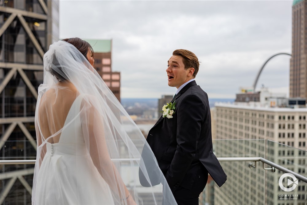 bride and groom first look