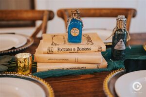 The Edison Barn Harry Potter wedding reception decor.