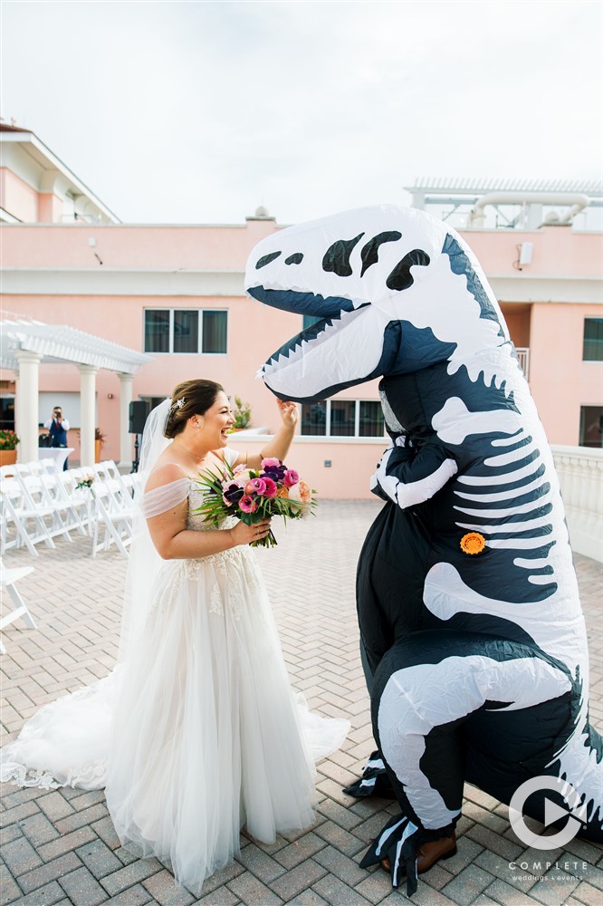 Funny dinosaur first wedding look in Clearwater, Florida.
