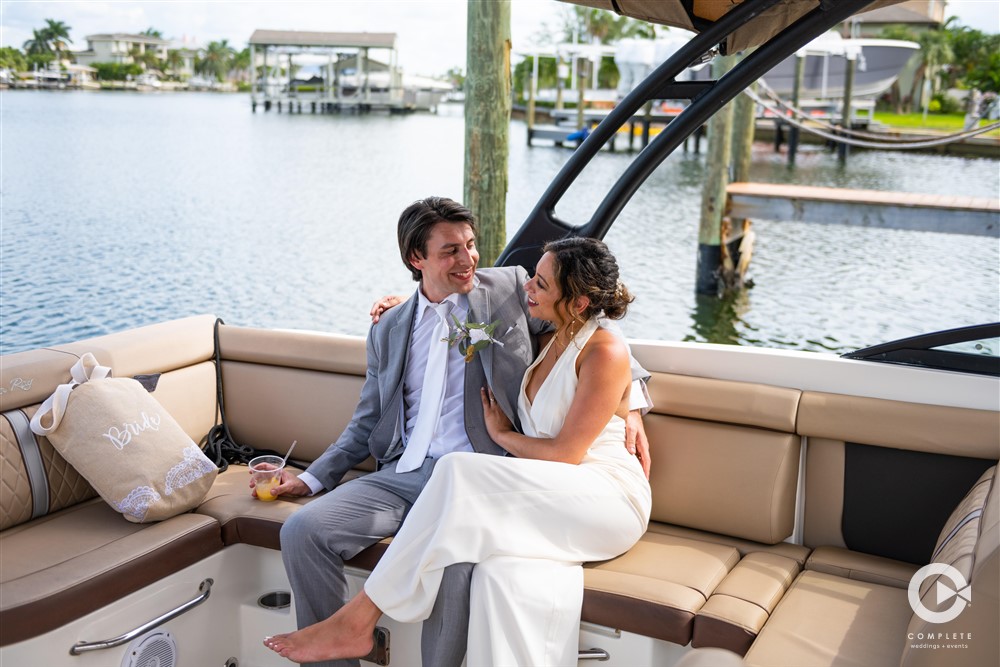 Newlyweds on boat for honeymoon cruise