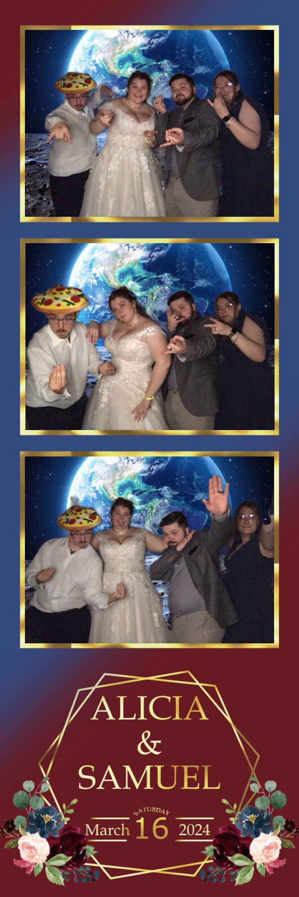 Photo booth photo strip with bridal party in front of virtua;l backdrop of full earth standing on the moon