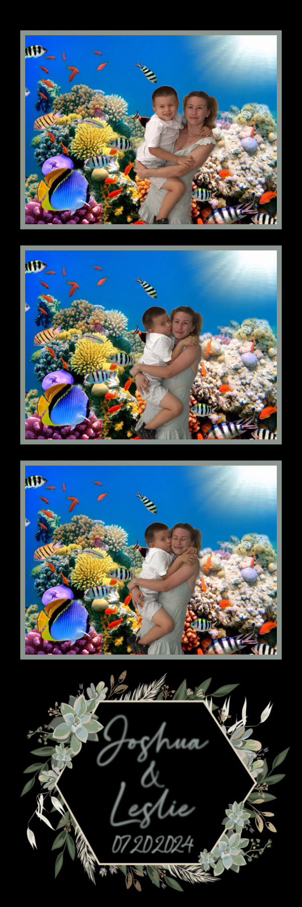 Photo Booth Photo Strip with mother hugging son with virtual undersea background