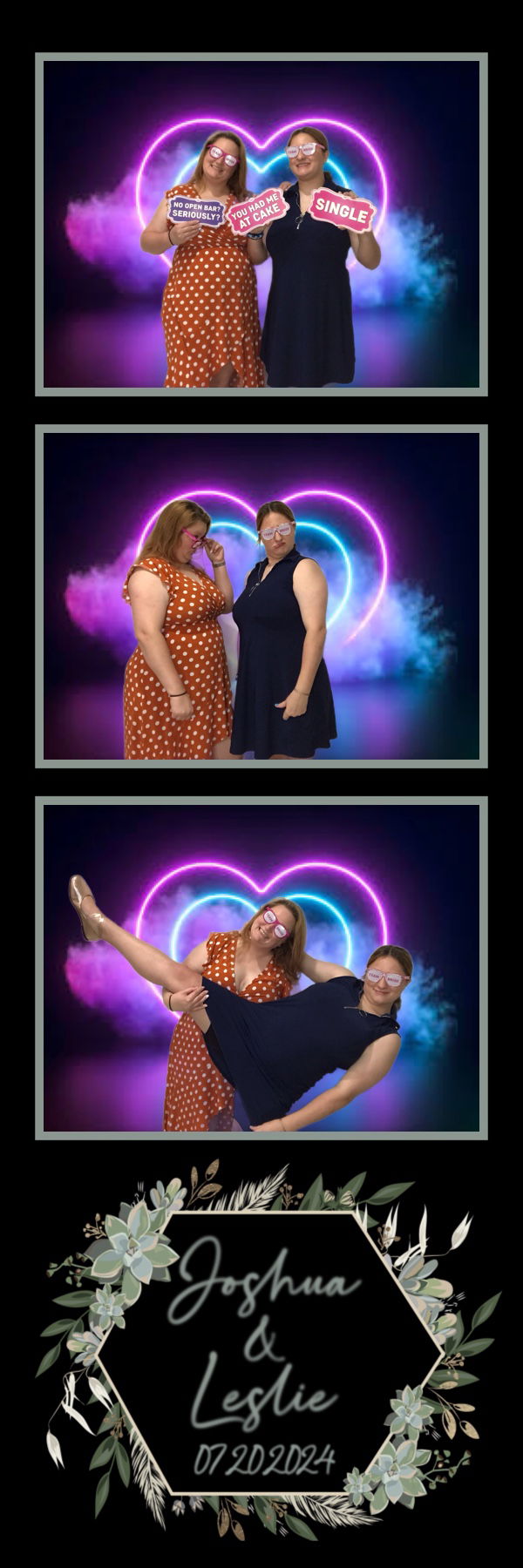 Photo booth photo strip with bridesmaids in front of neon hearts virtual backdrop