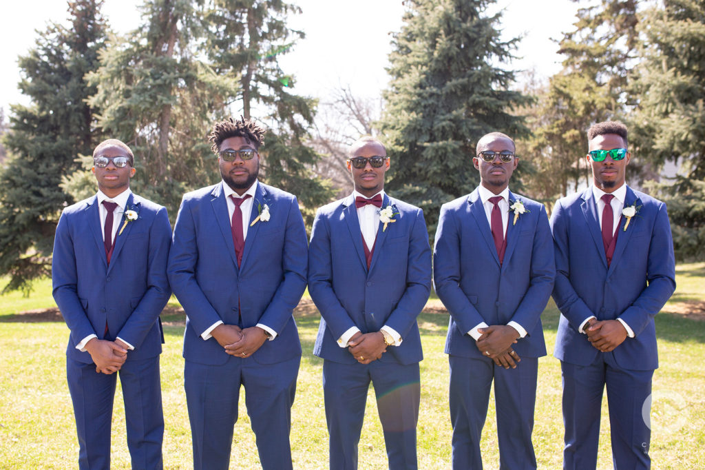 Groomsmen in Navy with Maroon Ties