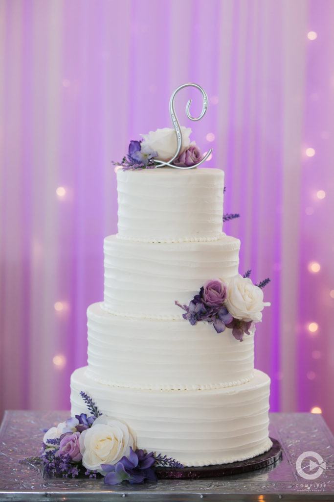 Client Reviews Wedding purple Uplighting around Cake